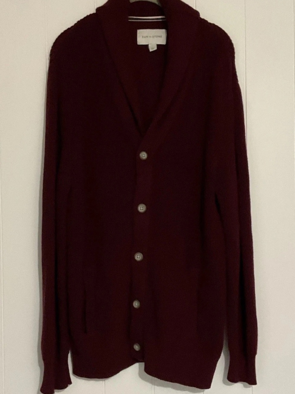 Sun + Stone Men's Burgundy Solid Knit V-Neck Button Cardigan Sweater L Pockets